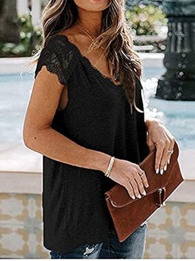 Black Lace Trim V-Neck Blouse XL